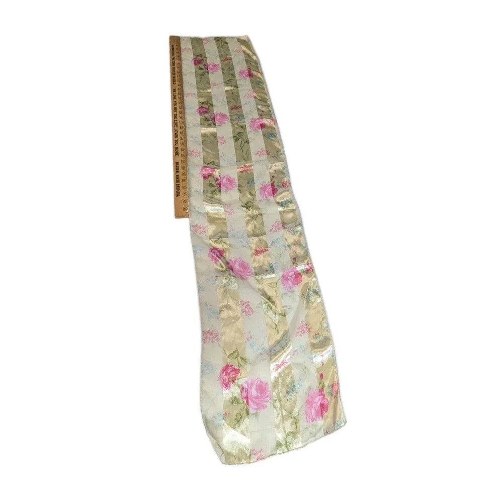 Vintage 80s Floral Satin Stripe Scarf Pink Roses Sheer Long Wrap Made in Korea - Picture 5 of 9